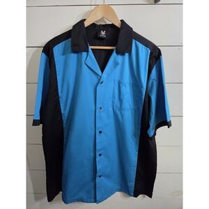 Hilton Bowling Shirt Mens Large Blue Black Colorblock Guayabera 90s Retro Y2K